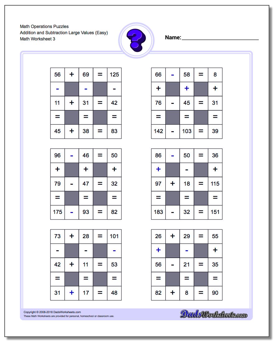 Math Operations Puzzle Addition and Subtraction Large Values (Easy)