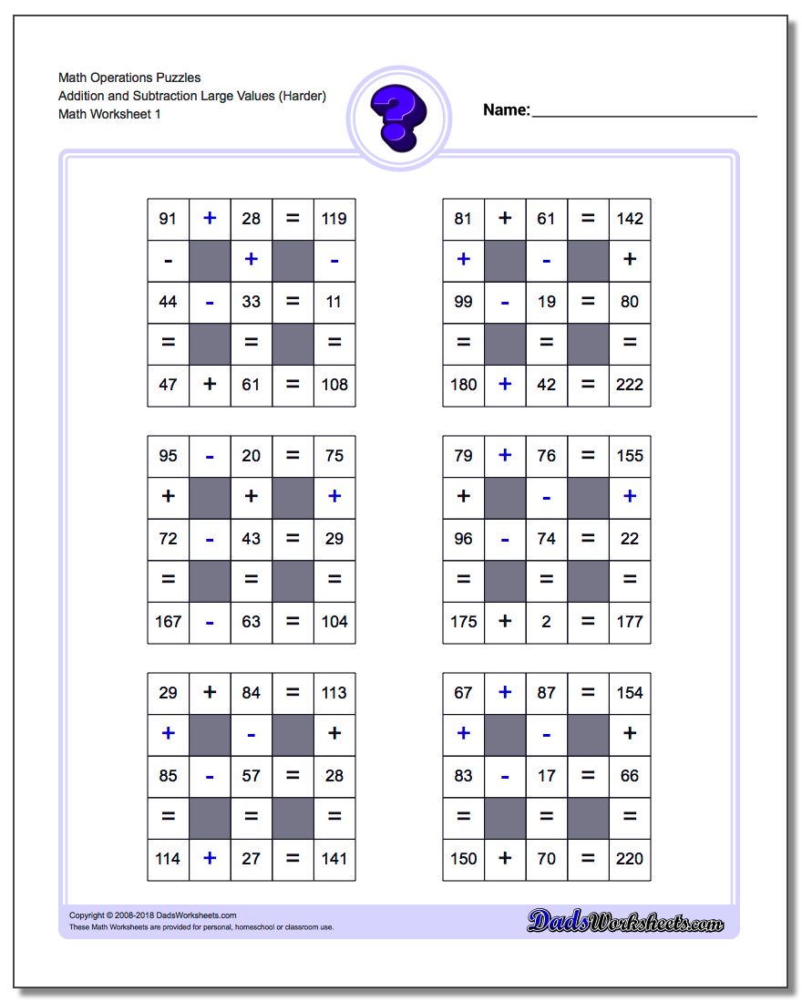 Number Grid Puzzle Math Operations Addition and Subtraction Large Values (Harder)