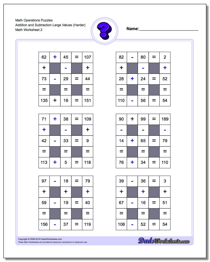 Math Operations Puzzle Addition and Subtraction Large Values (Harder) www.dadsworksheets.com/worksheets/number-grid-puzzles.html