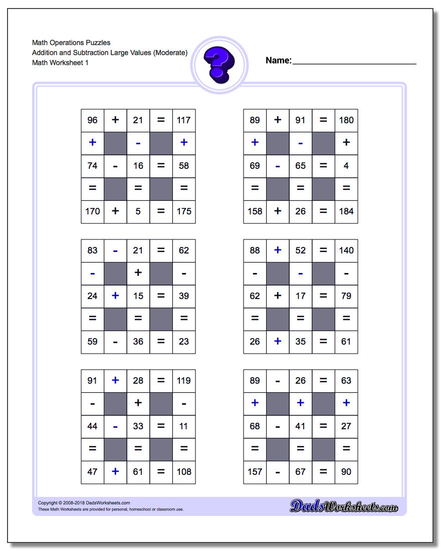 Number Grid Puzzle Math Operations Addition and Subtraction Large Values (Moderate)