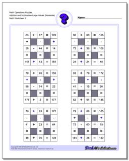 Math Operations Puzzle Addition and Subtraction Large Values (Moderate) /worksheets/number-grid-puzzles.html