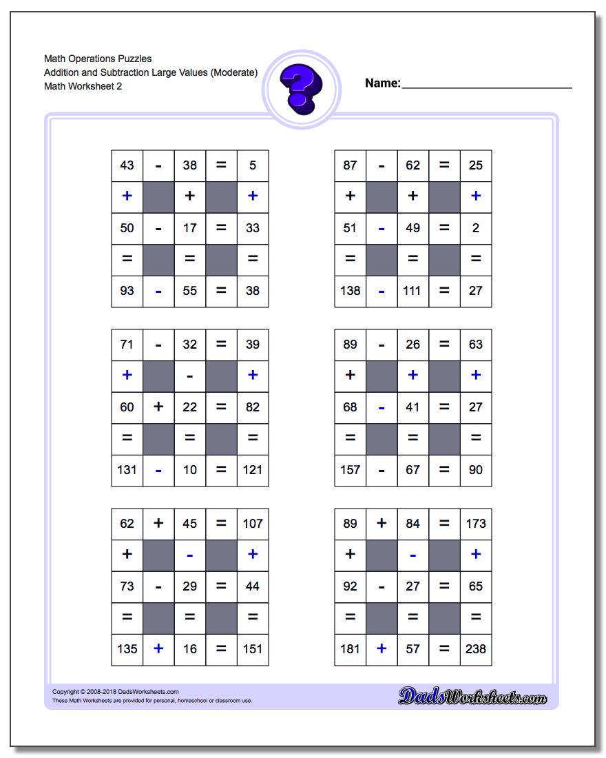 Math Operations Puzzle Addition and Subtraction Large Values (Moderate) www.dadsworksheets.com/worksheets/number-grid-puzzles.html