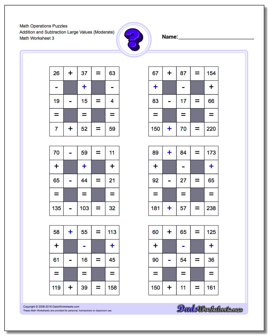 Math Operations Puzzle Addition and Subtraction Large Values (Moderate)