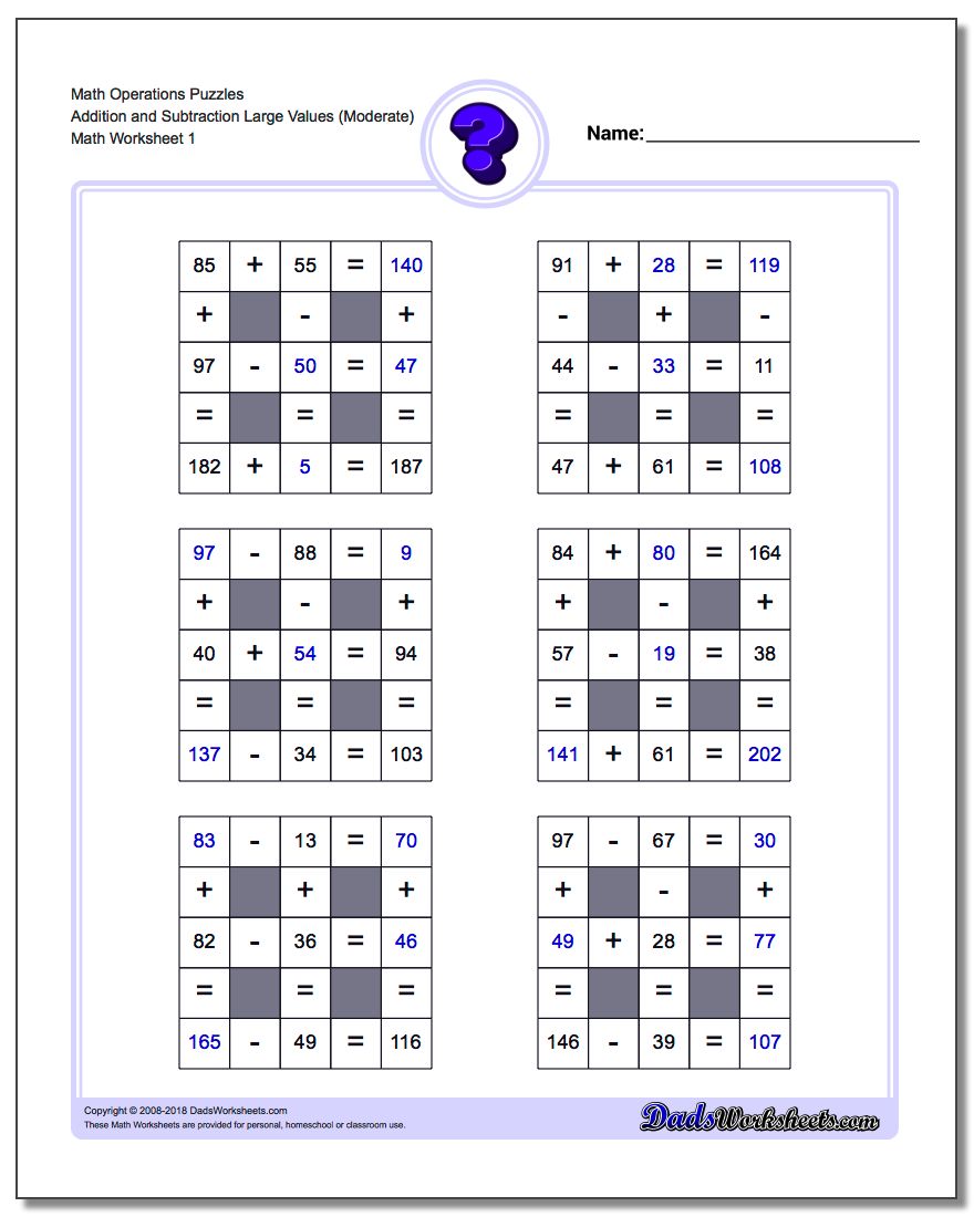 Number Grid Puzzle Math Operations Addition and Subtraction Large Values (Moderate)