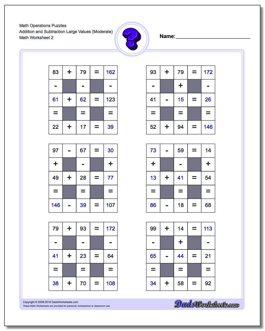 Math Operations Puzzle Addition and Subtraction Large Values (Moderate) www.dadsworksheets.com/worksheets/number-grid-puzzles.html
