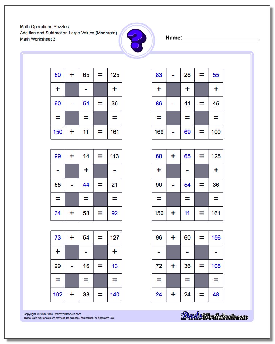 Math Operations Puzzle Addition and Subtraction Large Values (Moderate)