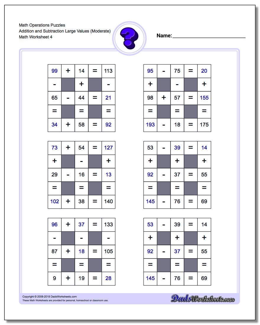 Math Operations Puzzle Addition and Subtraction Large Values (Moderate)