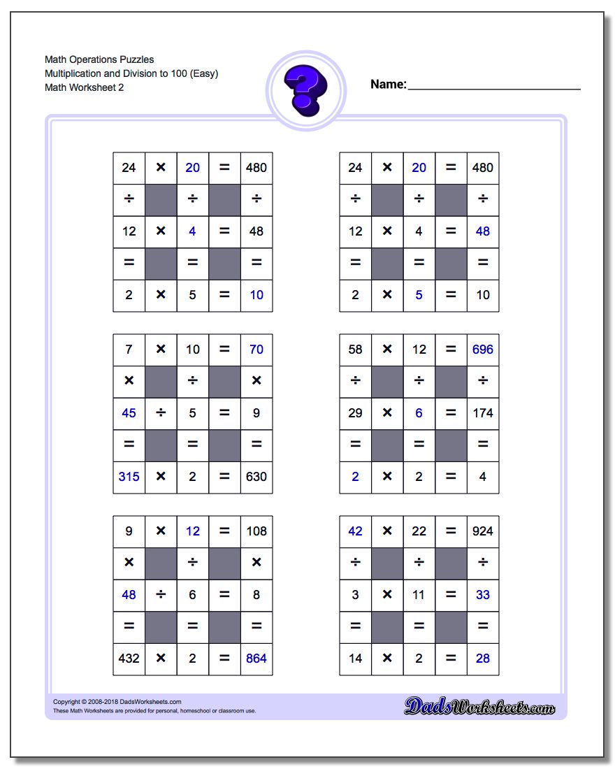 Math Operations Puzzle Multiplication and Division to 100 (Easy) www.dadsworksheets.com/worksheets/number-grid-puzzles.html