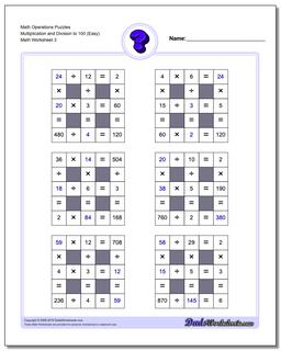Math Operations Puzzle Multiplication and Division to 100 (Easy)