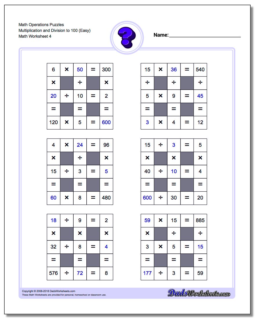 Math Operations Puzzle Multiplication and Division to 100 (Easy)