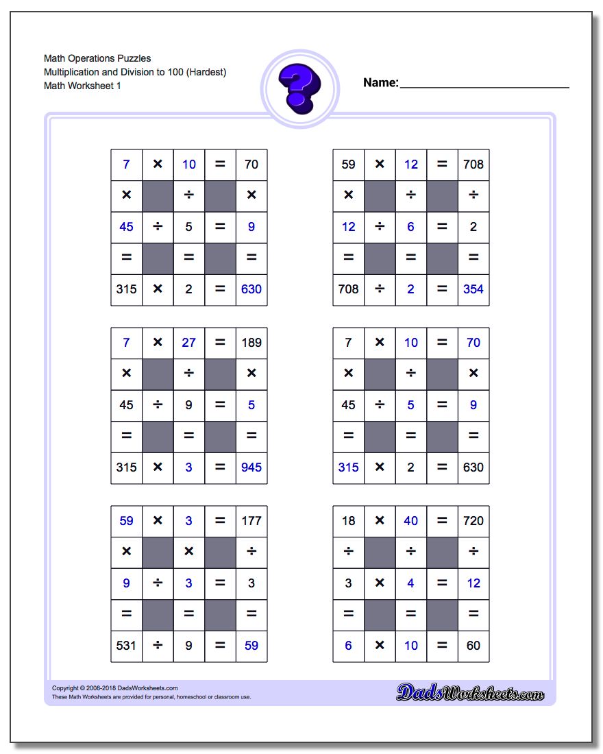 Number Grid Puzzle Math Operations Multiplication and Division to 100 (Hardest)