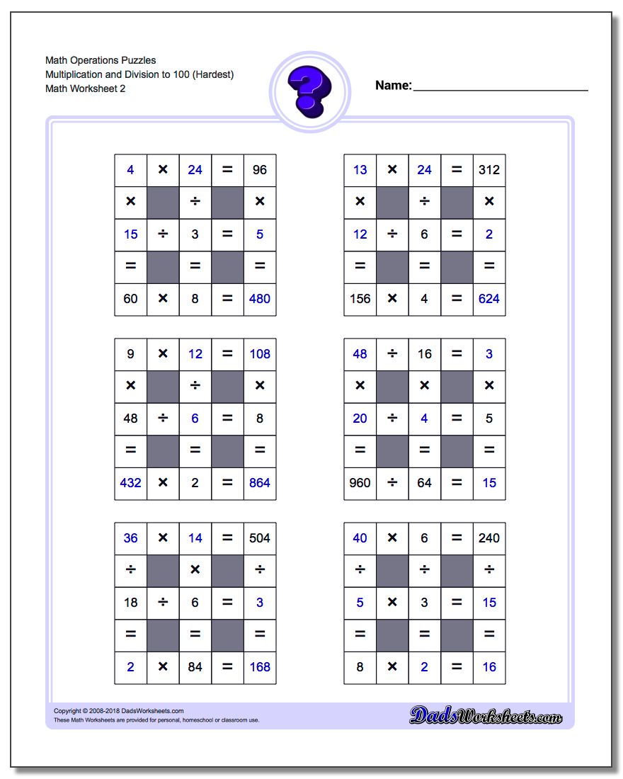 Math Operations Puzzle Multiplication and Division to 100 (Hardest) www.dadsworksheets.com/worksheets/number-grid-puzzles.html