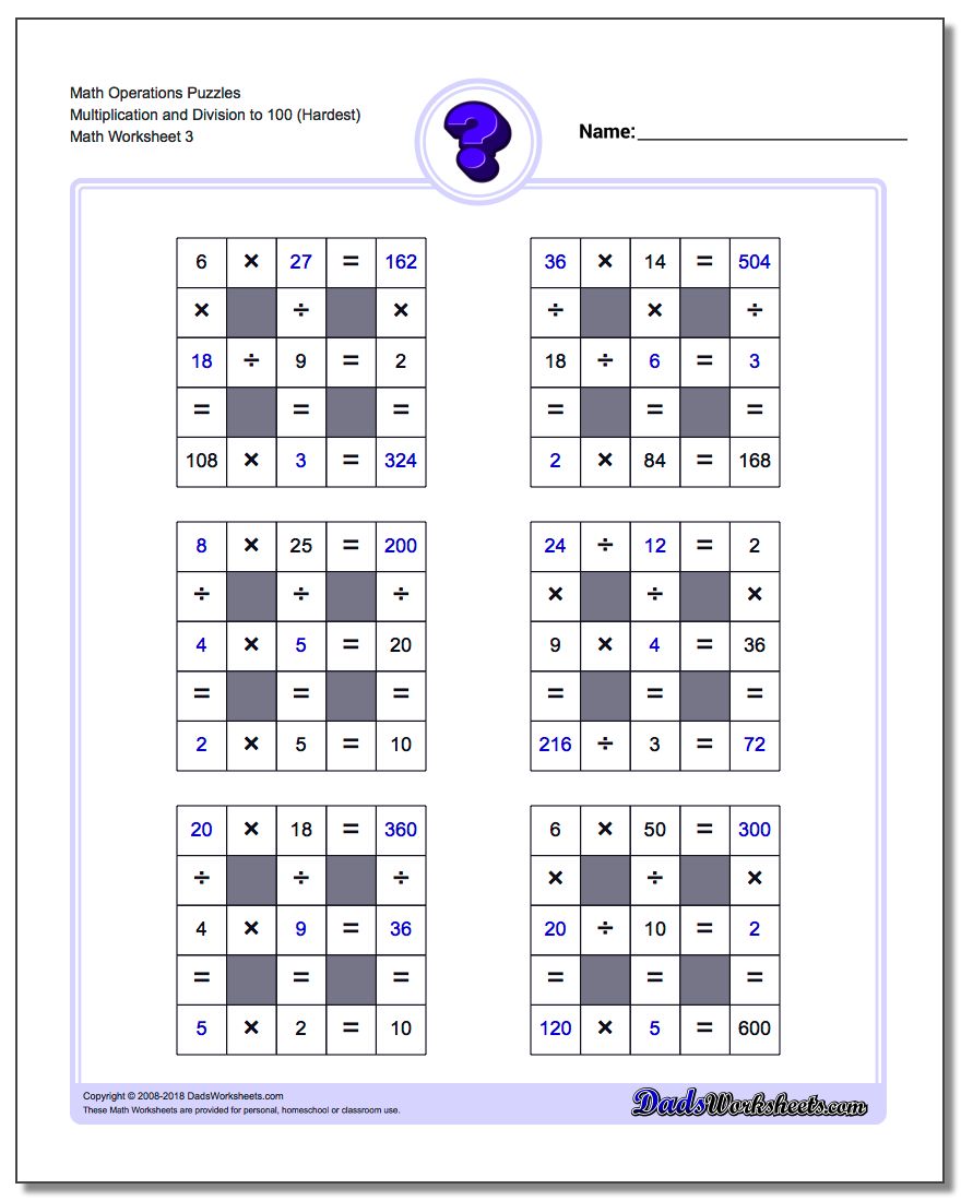 Math Operations Puzzle Multiplication and Division to 100 (Hardest)
