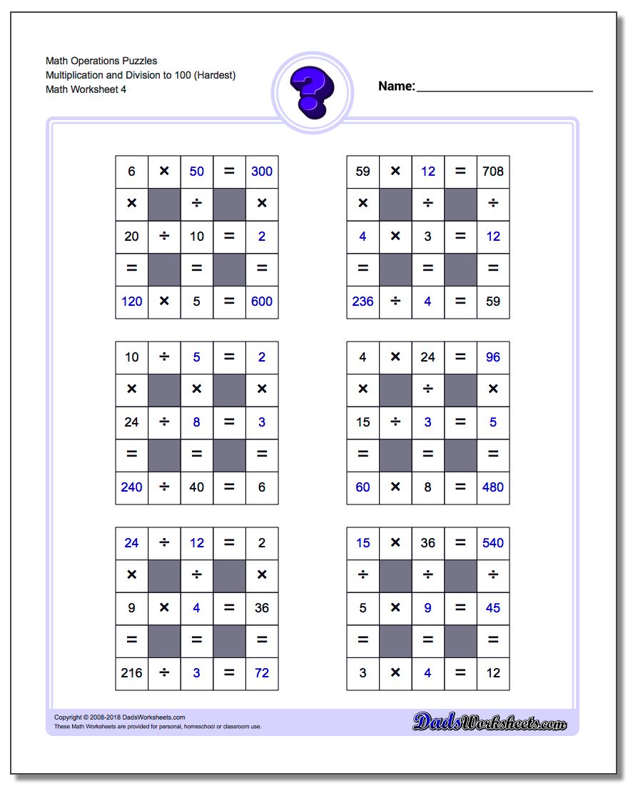 Math Operations Puzzle Multiplication and Division to 100 (Hardest)