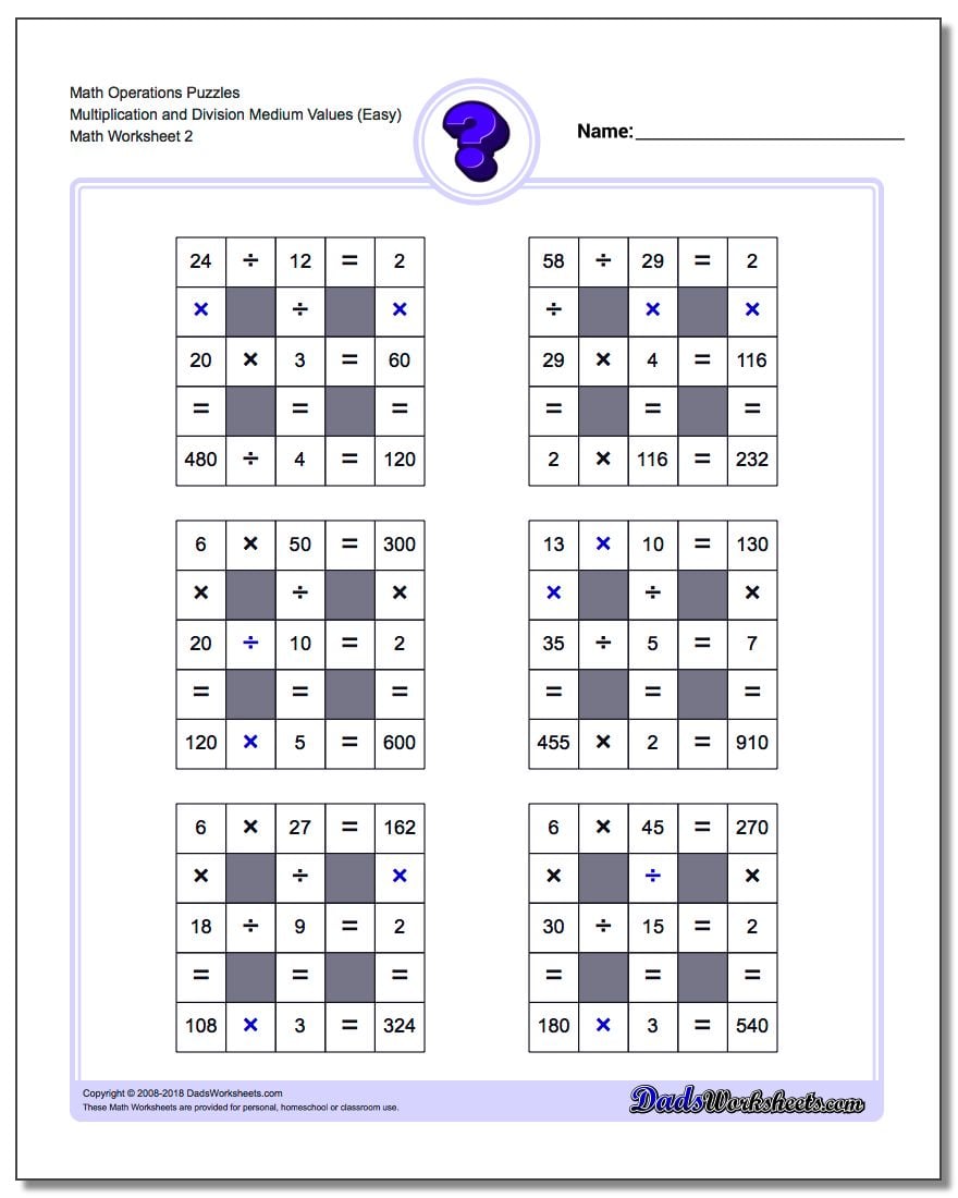 Math Operations Puzzle Multiplication and Division Medium Values (Easy) www.dadsworksheets.com/worksheets/number-grid-puzzles.html