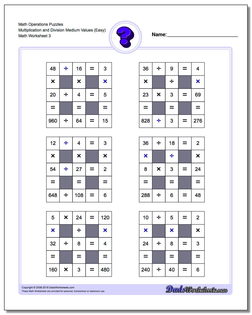 Math Operations Puzzle Multiplication and Division Medium Values (Easy)