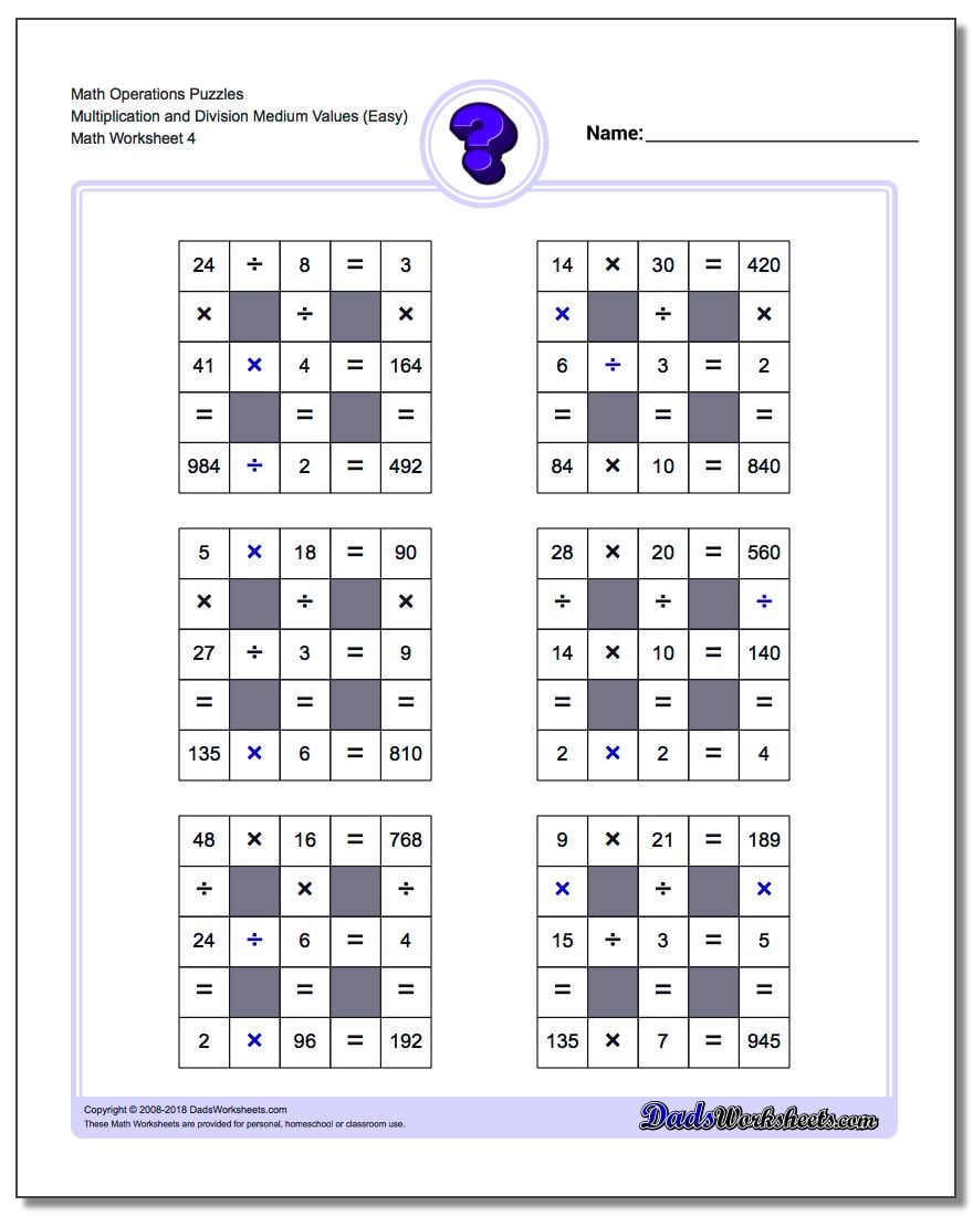 Math Operations Puzzle Multiplication and Division Medium Values (Easy)