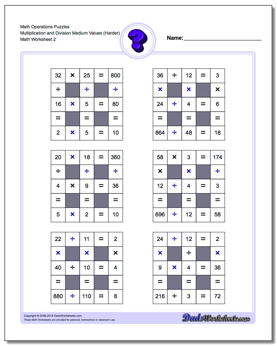 Math Operations Puzzle Multiplication and Division Medium Values (Harder) www.dadsworksheets.com/worksheets/number-grid-puzzles.html