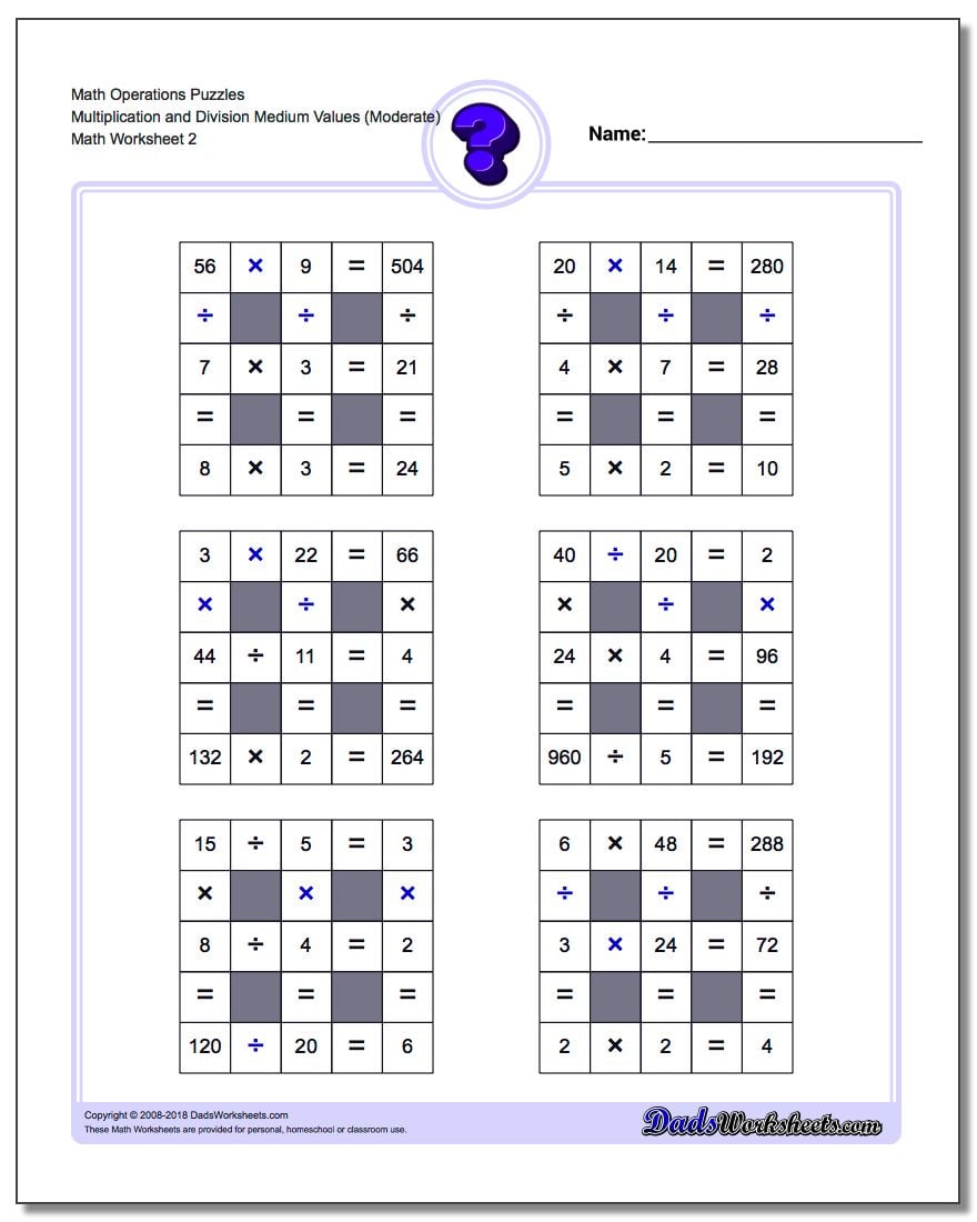 Math Operations Puzzle Multiplication and Division Medium Values (Moderate) www.dadsworksheets.com/worksheets/number-grid-puzzles.html