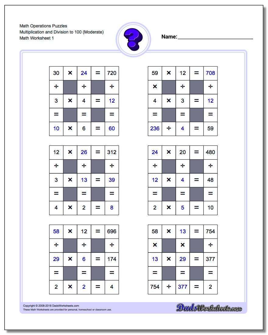 Number Grid Puzzle Math Operations Multiplication and Division to 100 (Moderate)