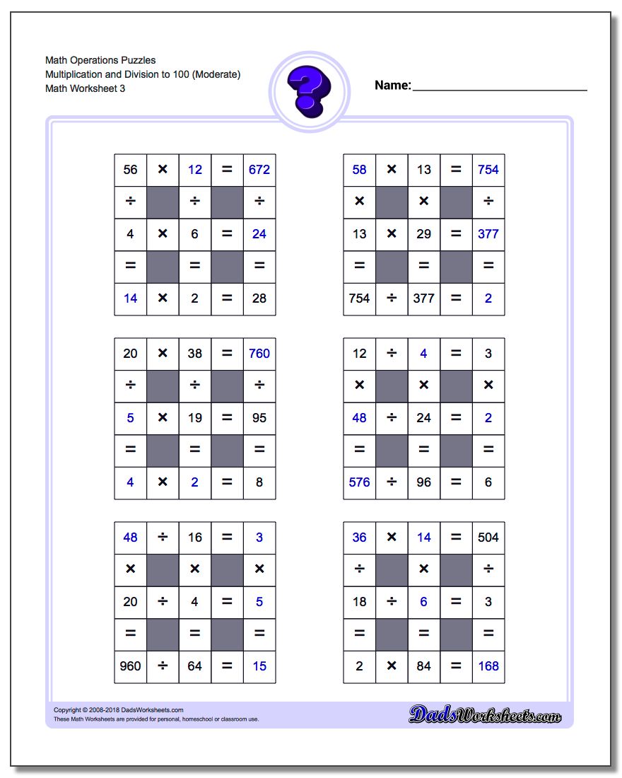 Math Operations Puzzle Multiplication and Division to 100 (Moderate)