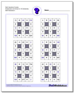 Math Operations Puzzle Multiplication and Division to 100 (Moderate)