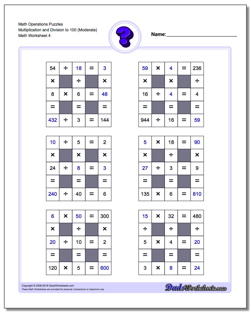 Math Operations Puzzle Multiplication and Division to 100 (Moderate)
