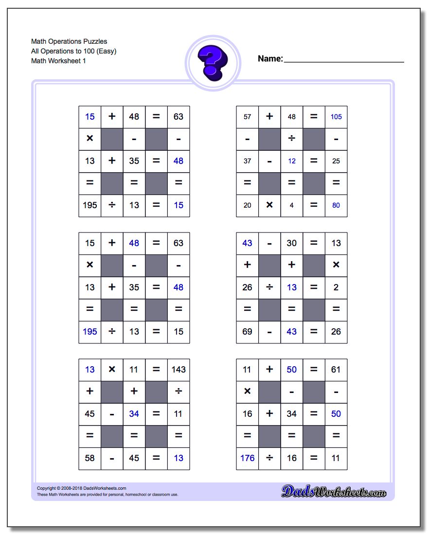 All Operations logic puzzles with Missing Values to 100 Number Grid Puzzle