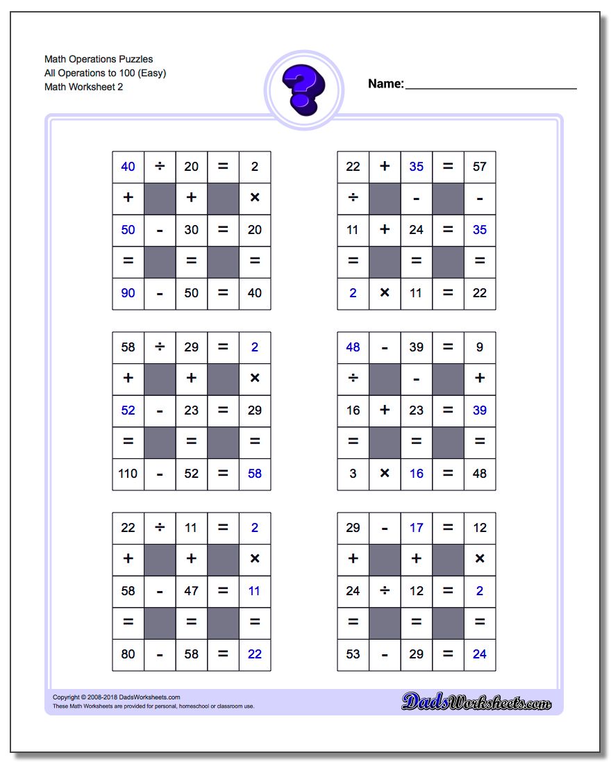 Math Operations Puzzle All Operations to 100 (Easy) www.dadsworksheets.com/worksheets/number-grid-puzzles.html