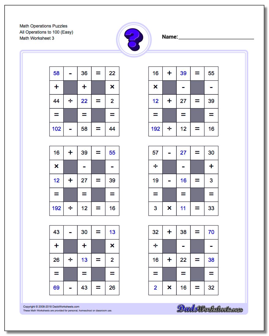 Math Operations Puzzle All Operations to 100 (Easy)