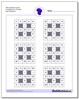 Math Operations Puzzle All Operations to 100 (Easy)