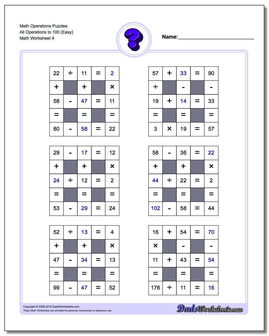 Math Operations Puzzle All Operations to 100 (Easy)