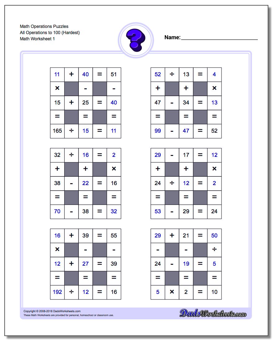 Number Grid Puzzle Math Operations All Operations to 100 (Hardest)