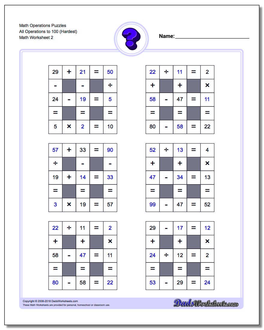 Math Operations Puzzle All Operations to 100 (Hardest) www.dadsworksheets.com/worksheets/number-grid-puzzles.html