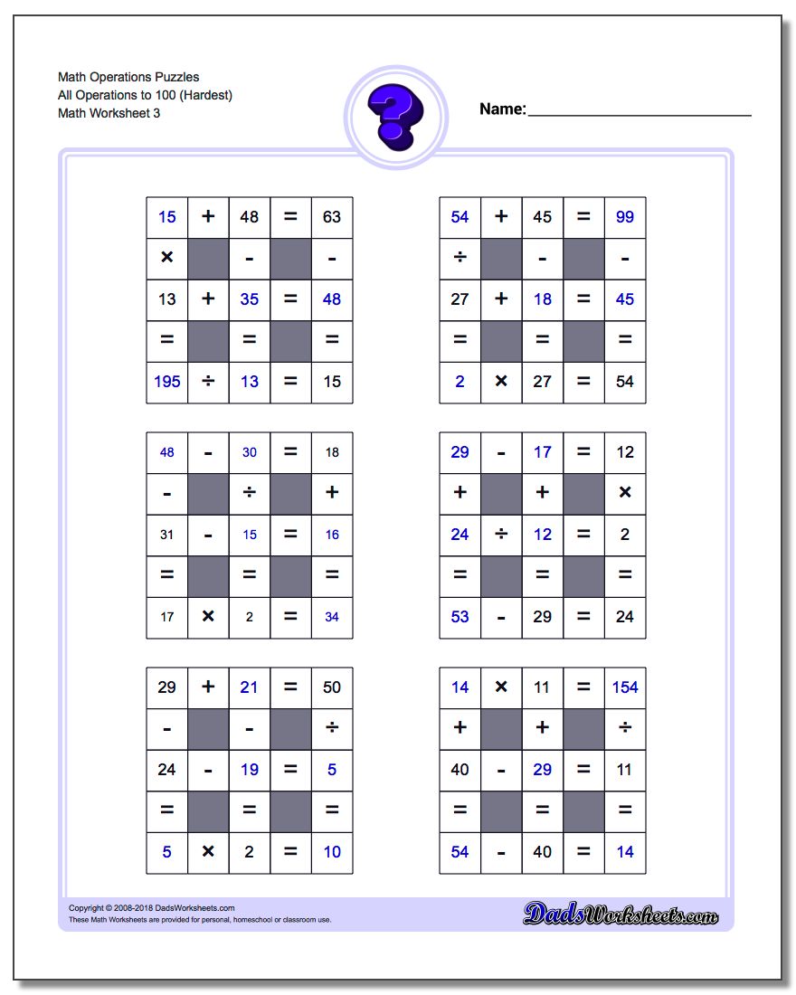 Math Operations Puzzle All Operations to 100 (Hardest)