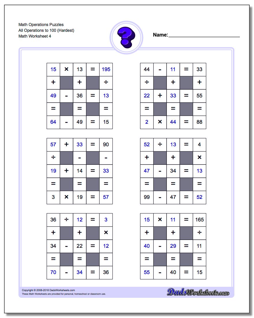 Math Operations Puzzle All Operations to 100 (Hardest)