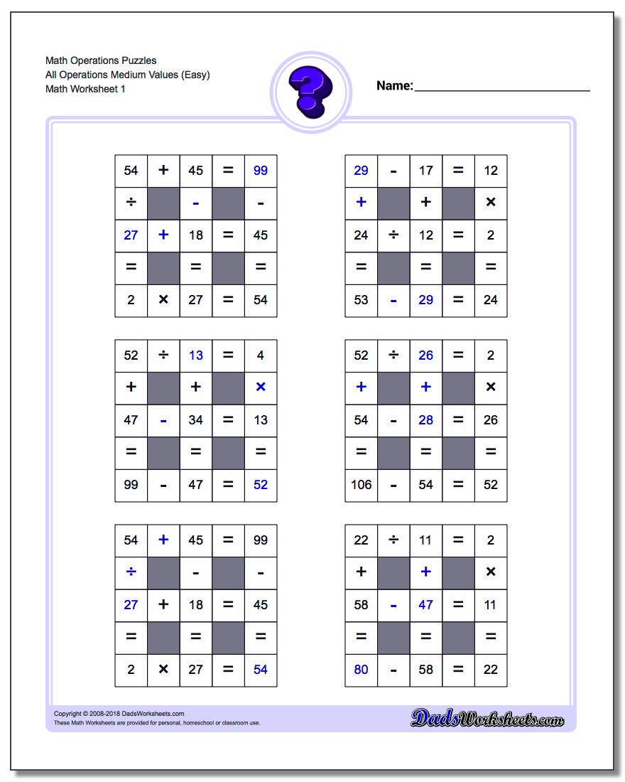 All Operations logic puzzles with Missing Values and Operations (Medium) Number Grid Puzzle