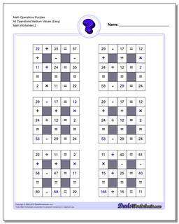 Math Operations Puzzle All Operations Medium Values (Easy) /worksheets/number-grid-puzzles.html
