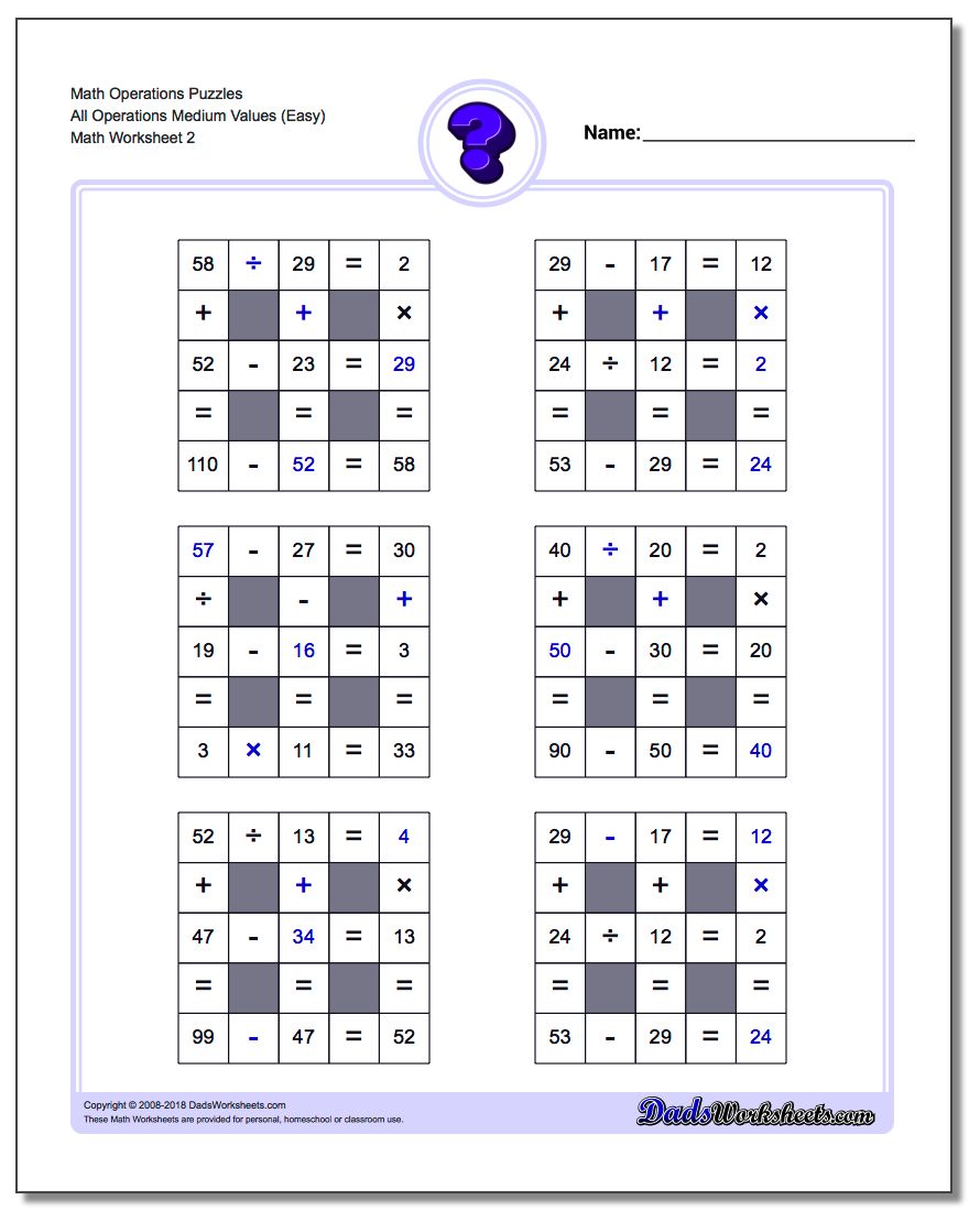 Math Operations Puzzle All Operations Medium Values (Easy) www.dadsworksheets.com/worksheets/number-grid-puzzles.html