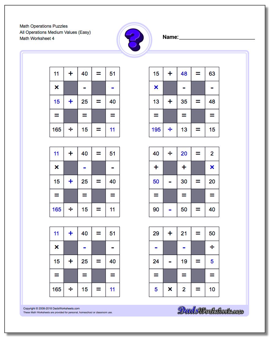 Math Operations Puzzle All Operations Medium Values (Easy)