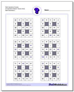 Math Operations Puzzle All Operations Medium Values (Hard) /worksheets/number-grid-puzzles.html