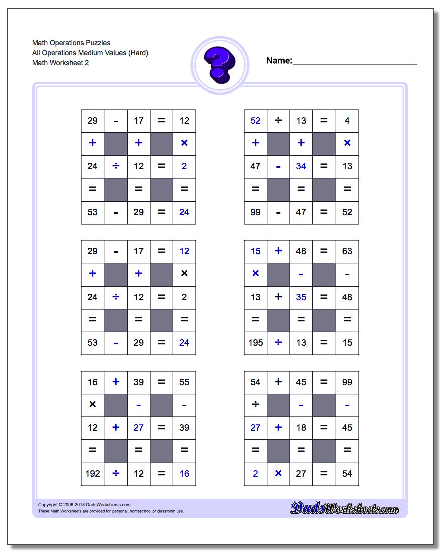 Math Operations Puzzle All Operations Medium Values (Hard) www.dadsworksheets.com/worksheets/number-grid-puzzles.html