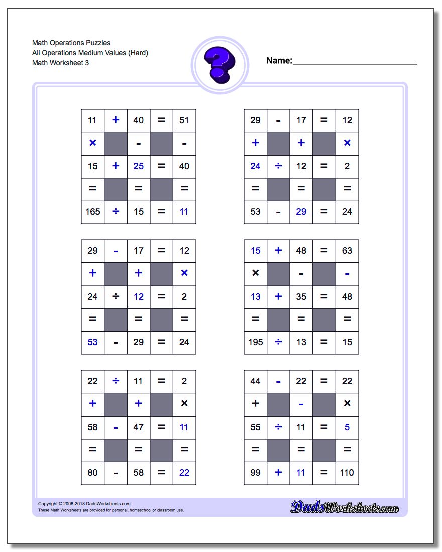 Math Operations Puzzle All Operations Medium Values (Hard)