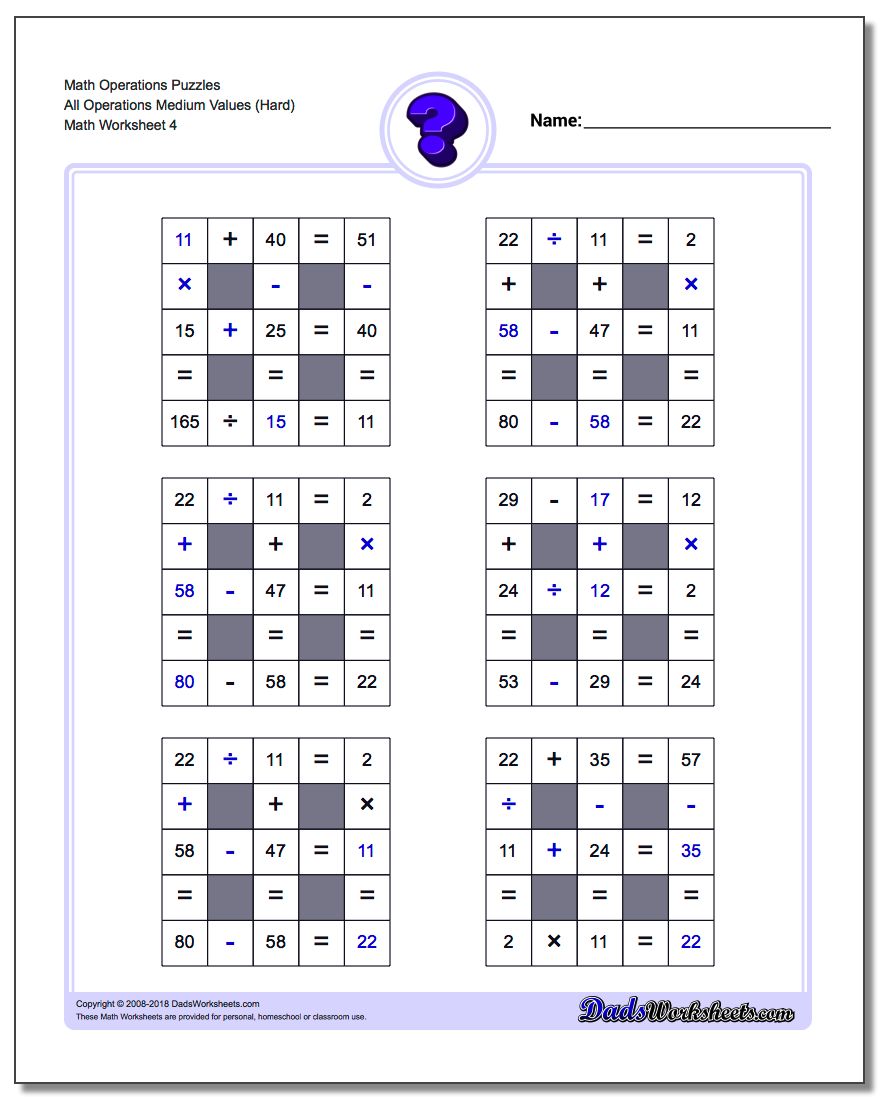 Math Operations Puzzle All Operations Medium Values (Hard)