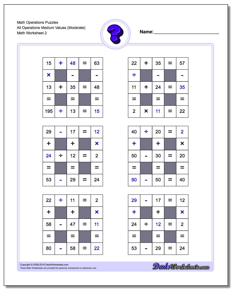 Math Operations Puzzle All Operations Medium Values (Moderate) www.dadsworksheets.com/worksheets/number-grid-puzzles.html