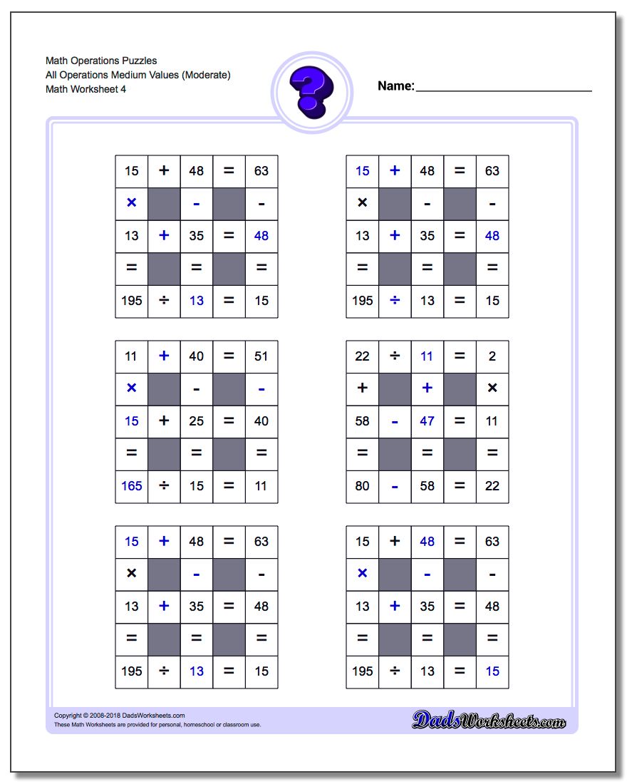 Math Operations Puzzle All Operations Medium Values (Moderate)