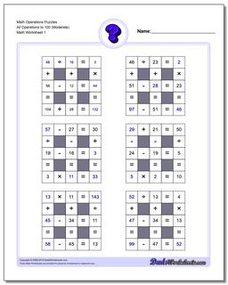 Number Grid Puzzle Math Operations All Operations to 100 (Moderate)
