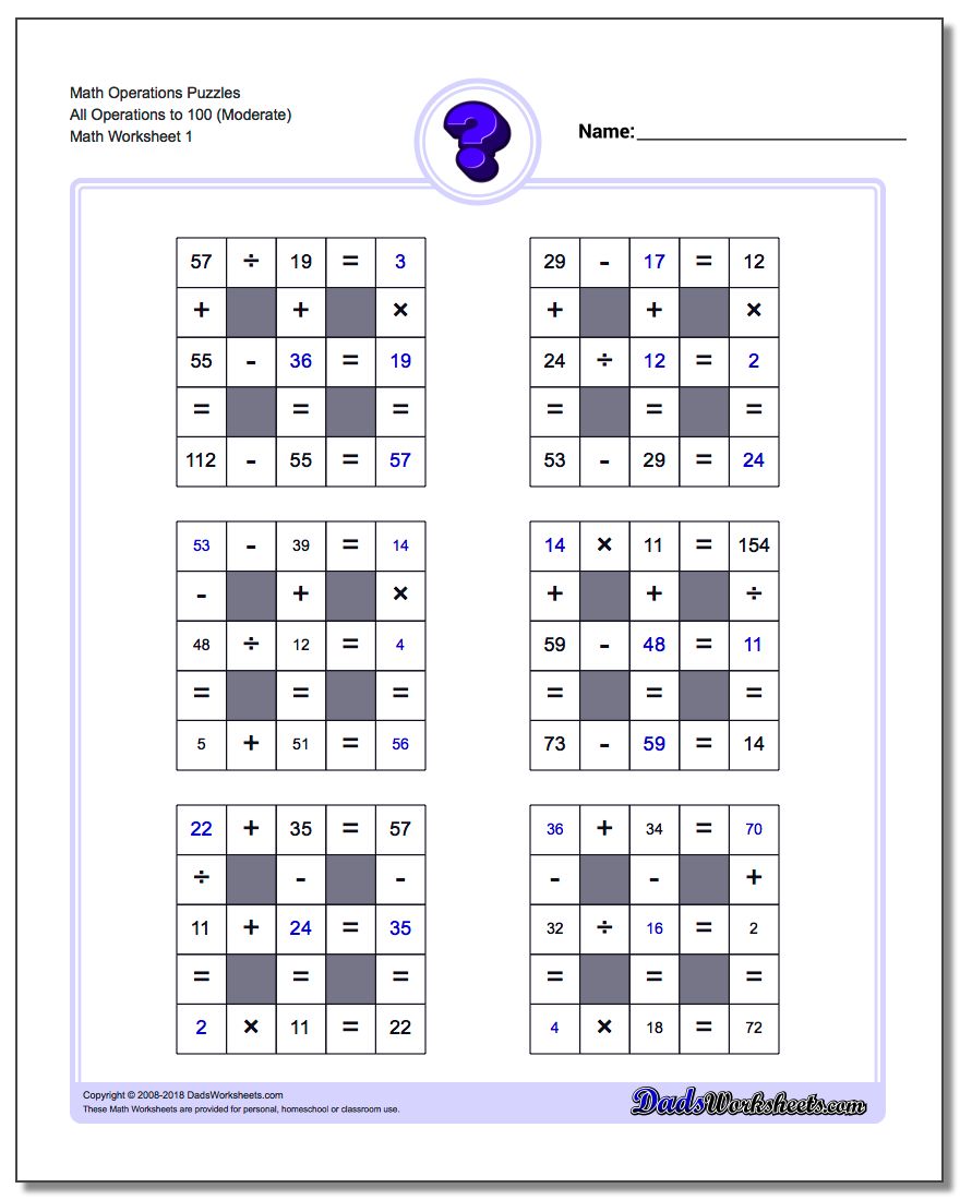 Number Grid Puzzle Math Operations All Operations to 100 (Moderate)