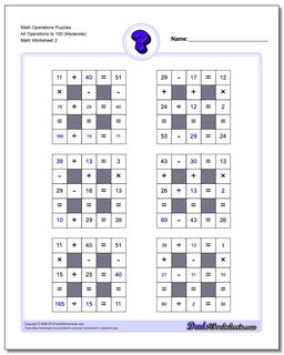 Math Operations Puzzle All Operations to 100 (Moderate) /worksheets/number-grid-puzzles.html