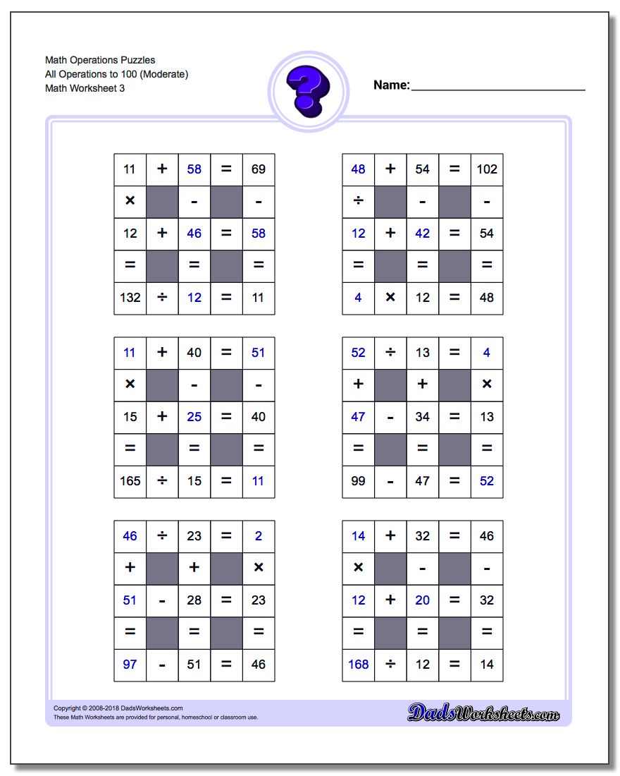 Math Operations Puzzle All Operations to 100 (Moderate)